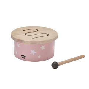 Simpatico mini tambor de juguete disenado en blanco y rosa con detalles de estrellas. Es un juguete para fomentar el gusto por la musica a los mas pequenos. 